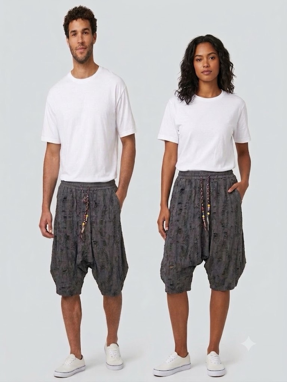 Unisex Distressed Harem Genie pants with Drop-Crotch Shorts in Charcoal